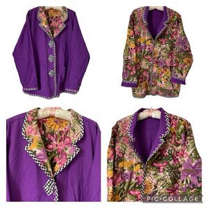 Koos of Course Jacket Woman's Large Purple Linen Rayon Reversible Floral